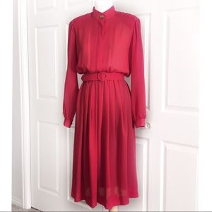 Vintage Red 80s Modest Sheer Long Sleeved Belted and Shoulder Pads Dress